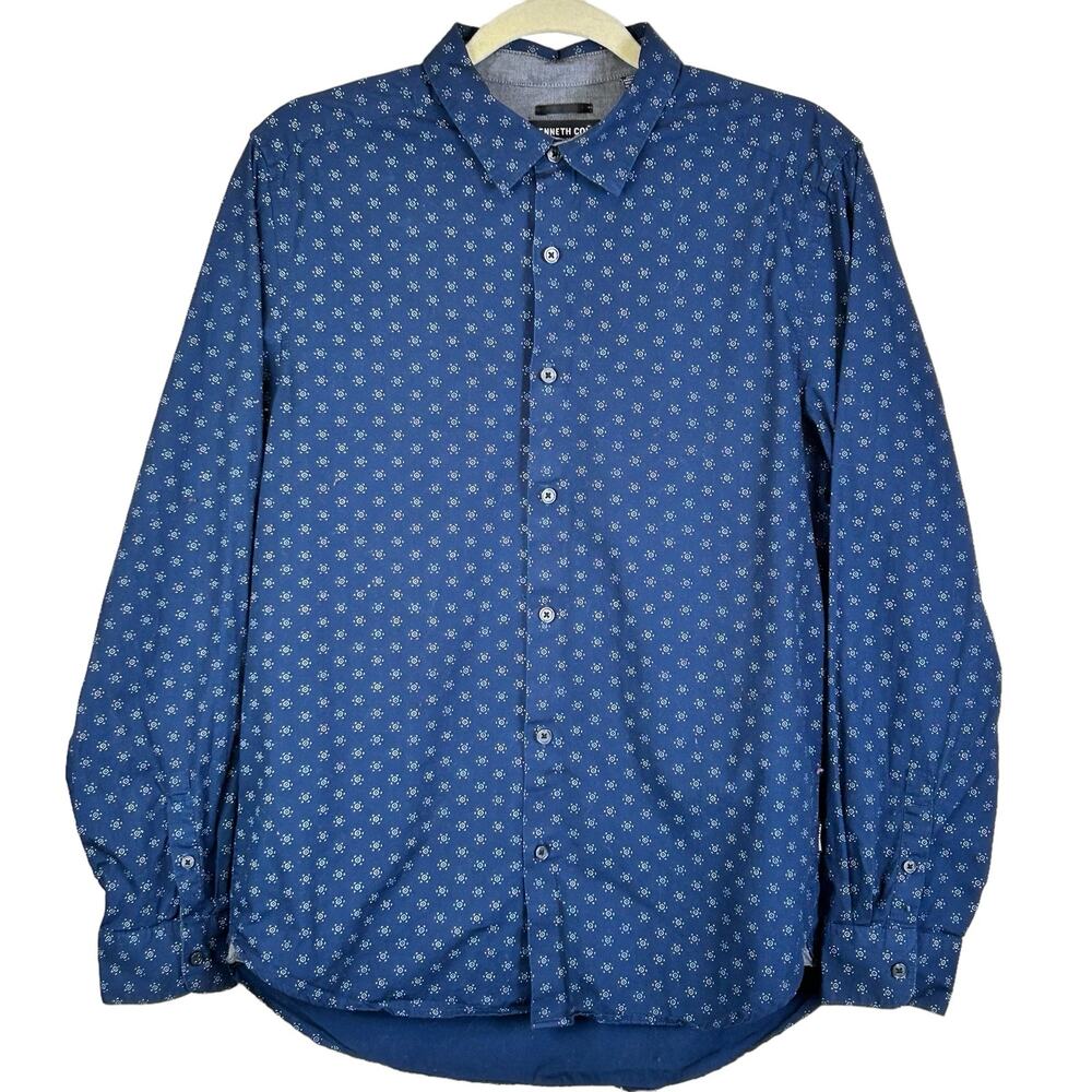 Kenneth Cole New York Men Shirt Size Medium Blue Cotton Career Casual Button Up